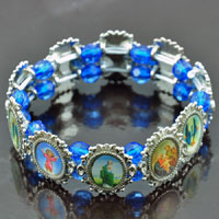 7in Ant. Silver Blessed Mother and Baby Stretch Bracelet w/Blue Crystals, ea