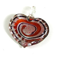 Murano Style Foil Glass Heart Pendant, Silver, Pink & Amber, 45mm