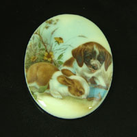 40x30mm(1.75x1.25in) Puppy-n-Bunny Oval Cabochon, Vintage German Mfg, ea