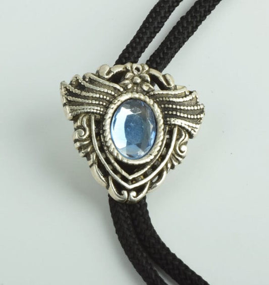 Silver Medallion Bolo Tie with Aqua Marine Blue Swarovski Crystal Stone, 36" black cord, Made in USA, Each