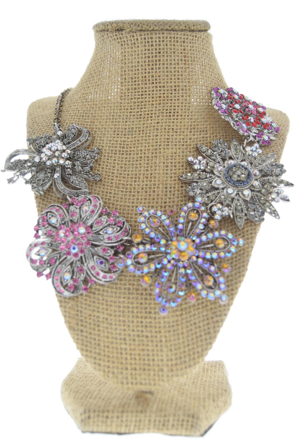Crystal Flower Wedding Necklace, silver, pink, purple, 18" length, HandMade in USA, each