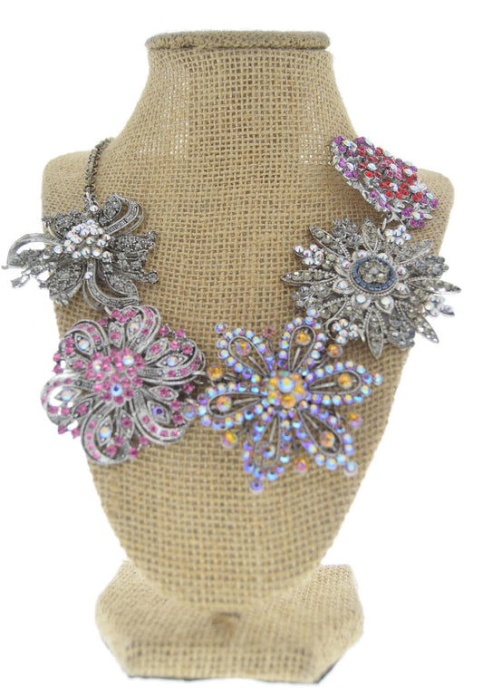 Crystal Flower Wedding Necklace, silver, pink, purple, 18" length, HandMade in USA, each