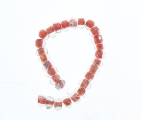 Art glass Beads, 9x6mm, Clear w/Red Center, Tri-Side Glass Beads, 7 inch strand