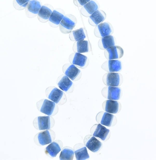 French Blue Art Glass Beads, 9x6mm Blue-n-Clear, 3-Sided, 7 inch strand