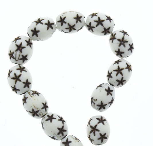 White with Black Star Beads, 10mm x 13mm Oval, Vintage Lucite, 23 Beads     (8744.07)