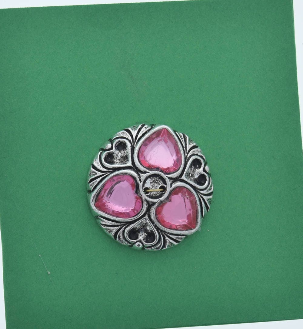 Vintage Button, 2 hole, antique silver plated with pink crystal stones, made in Germany, pack of 4