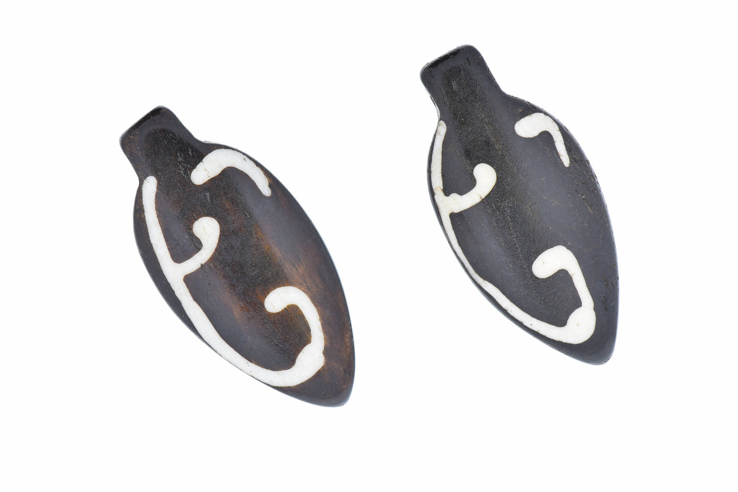 Bone Pendant 49mm, brown white, bead hole through top, pack of 2