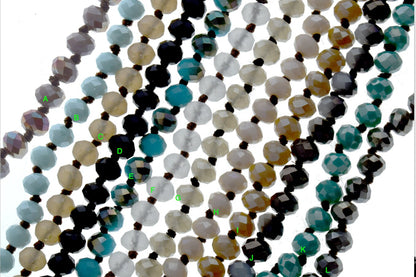 Hand knotted Faceted Crystal Necklaces, 8mm rondelle crystal beads, 36" length, per color, each