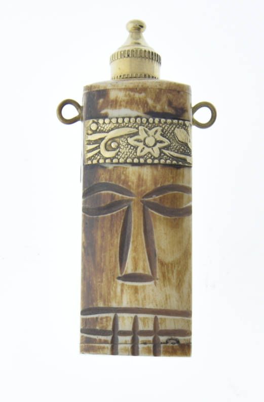 Carved Vial Pendant, hand carved brown bone, brass, 71mm, Each