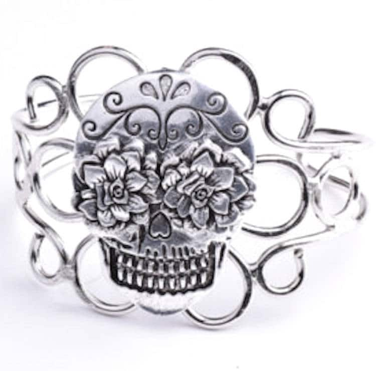 Sugar Skull Wire Cuff Bracelet, adjustable, Classic Silver, handmade, Each