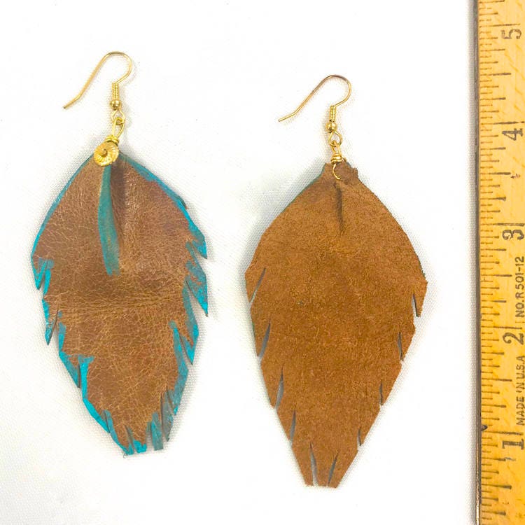 Turquoise Trim Feather Earrings - Fringed Leather Earrings  - Leather Dangle Earrings - 8 colors