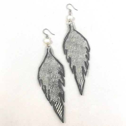 Fringed Feather Earrings, Metallic Leather, Exotic Leather- Fringed Leather Earrings - Leather Dangle Earrings - 8 colors