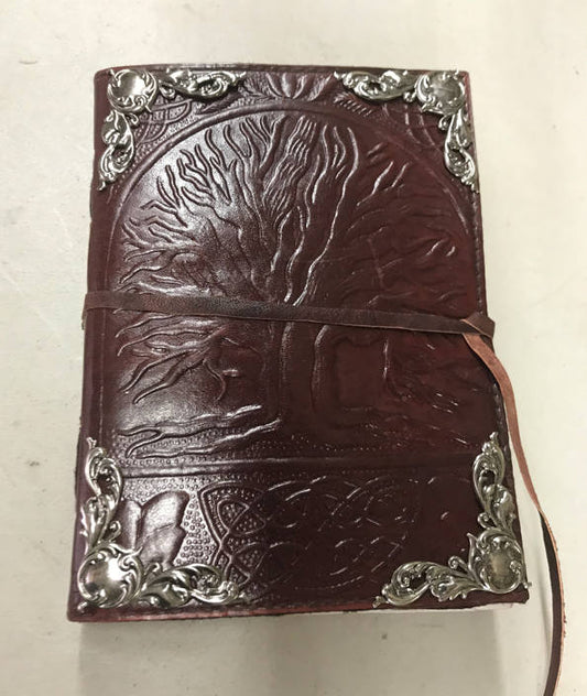 Leather journal "Tree of Life" embellished with antique gold metal corners, each