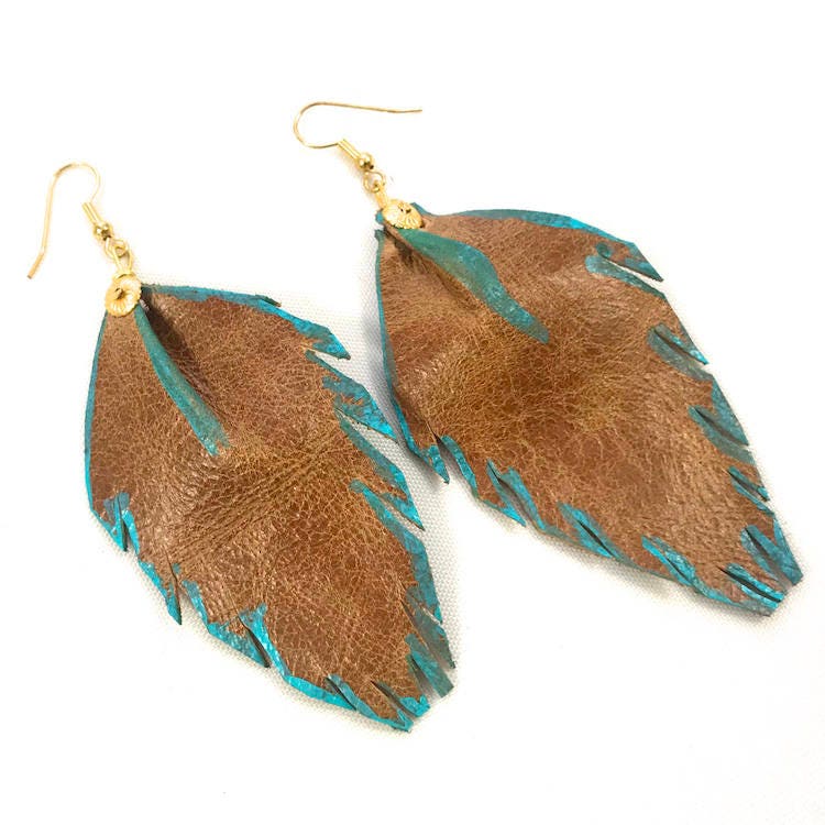 Turquoise Trim Feather Earrings - Fringed Leather Earrings  - Leather Dangle Earrings - 8 colors