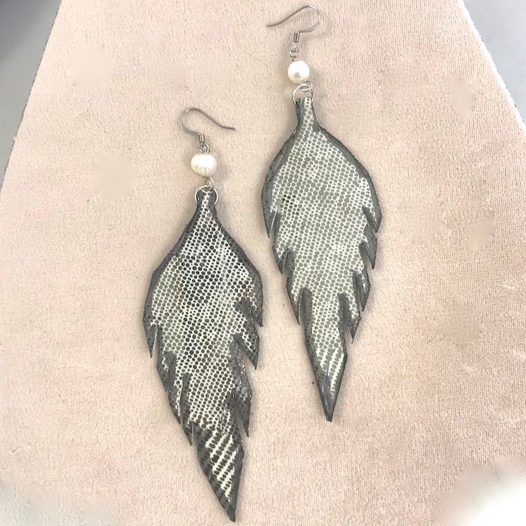 Fringed Feather Earrings, Metallic Leather, Exotic Leather- Fringed Leather Earrings - Leather Dangle Earrings - 8 colors