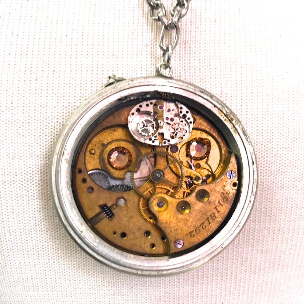 Steampunk Exposed Watch Pendant Necklace, Silver Figaro or Gold Cable Chain, in gift bag, 18" or 24", HandMade in USA, Each