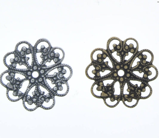 Vintage Filigree Charm Stamping or Bead Wrap, Flower Round, 18mm, made in USA, antique silver or antique gold, Made in USA, pack of 6