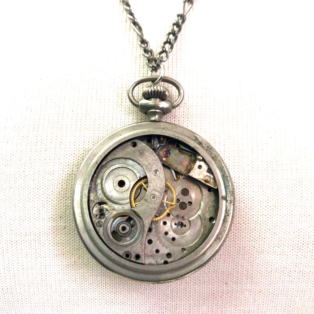 Steampunk Exposed Watch Pendant Necklace, Silver Figaro or Gold Cable Chain, in gift bag, 18" or 24", HandMade in USA, Each