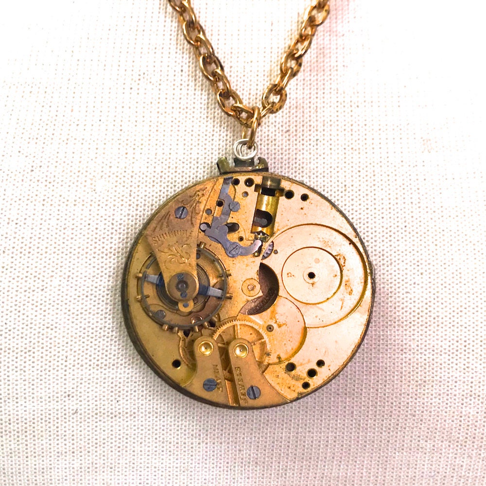 Steampunk Exposed Watch Pendant Necklace, Silver Figaro or Gold Cable Chain, in gift bag, 18" or 24", HandMade in USA, Each