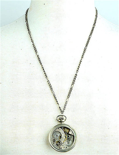 Steampunk Exposed Watch Pendant Necklace, Silver Figaro or Gold Cable Chain, in gift bag, 18" or 24", HandMade in USA, Each