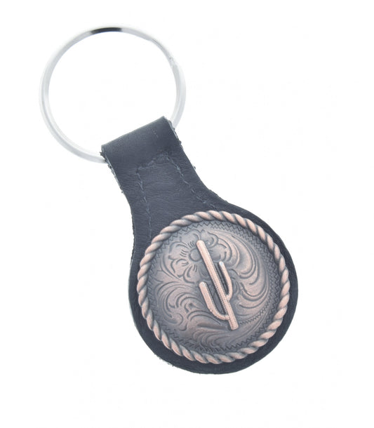 Saguaro Cactus Keychain, Antique silver or copper on black leather fob, Made in USA, each