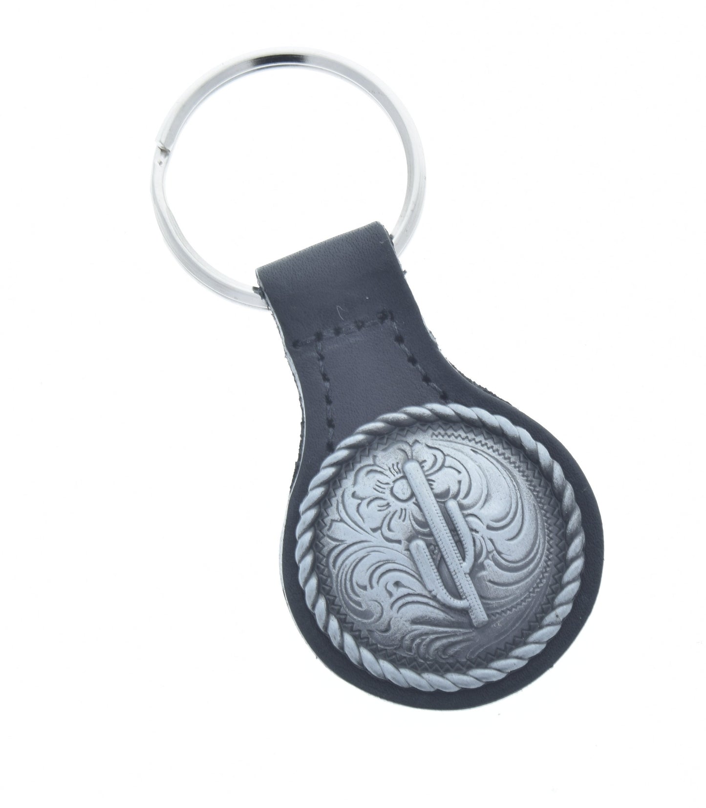 Saguaro Cactus Keychain, Antique silver or copper on black leather fob, Made in USA, each