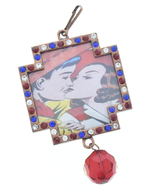 Vintage Kissing Cowgirl Art Crystal pendant, multi, 48mm, frame, Pack of 3