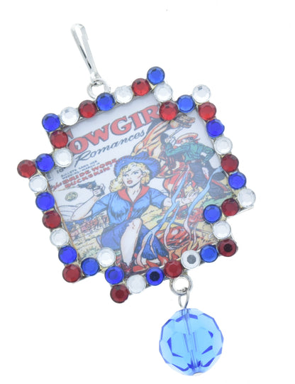 Vintage Campfire Cowgirl Art Crystal frame pendant, Multi, red, white, blue, 48mm, Pack of 3