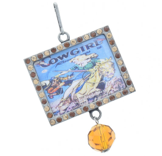 Vintage Ride 'em Cowgirl Art Amber Topaz Crystal Frame Pendant, 46mm x 36mm silver rectangle, Pack of 3