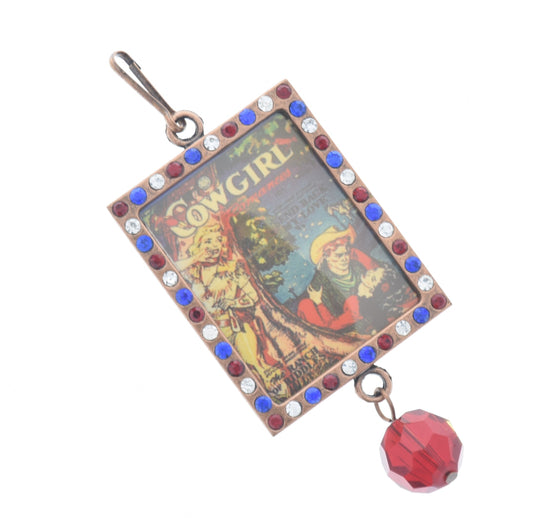 Vintage Cowgirl Art, Red White Blue Crystal Frame Pendant, 46mm x 36mm copper rectangle, Pack of 3