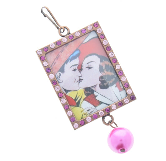 Vintage Kissing Cowgirl Art Pink Crystal Frame Pendant, 46mm x 36mm copper rectangle, Pack of 3