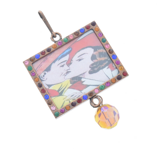 Vintage Kissing Cowgirl Art Multi Crystal Frame Pendant, 46mm x 36mm copper rectangle, Pack of 3