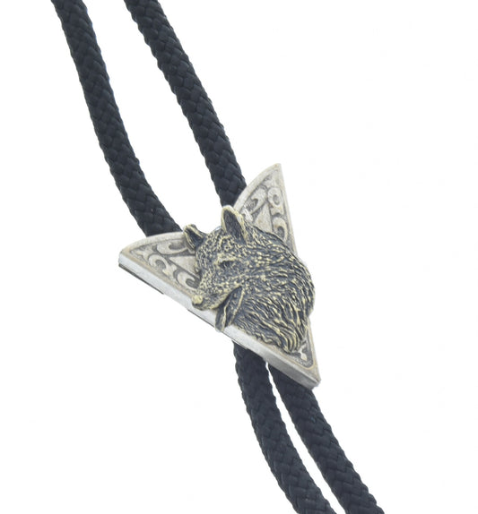 Bolo Tie with Dog Head or Wolf Head with tips, antique silver on 36" cord in black, turquoise, red or olive green, made in USA, each