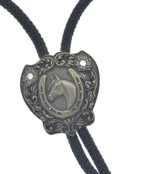 Lucky Horse Bolo Tie  with horse shoe, antique silver, 36" black, turquoise or red cord, made in USA, Each