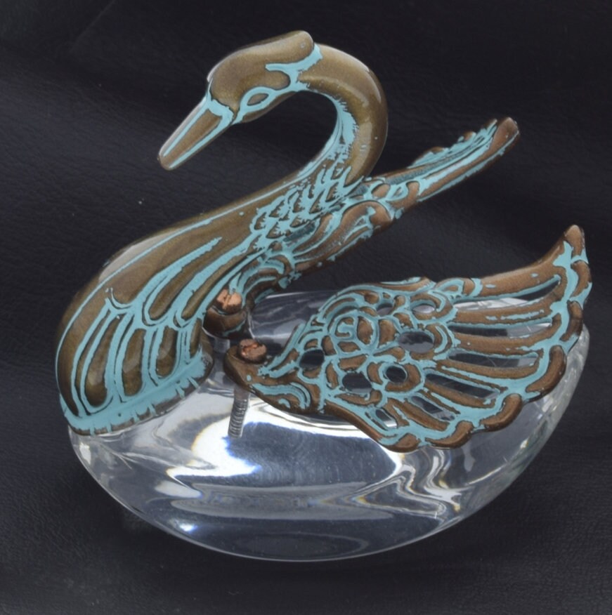 Vintage Swan Figurine in pearl, clear, copper, copper patina. 3 Dimensional, 2.75 x 2.7mm, adjustable wings, made in Germany, Each