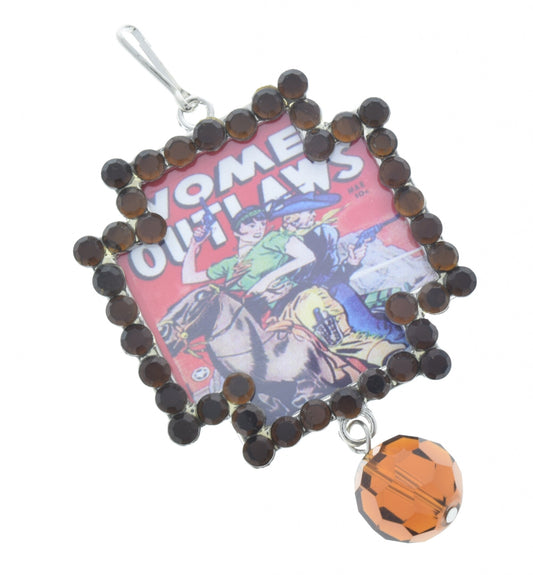 Vintage Shooting Outlaw Cowgirl Art topaz frame Pendant, 48mm, Topaz drop bead, Pack of 3