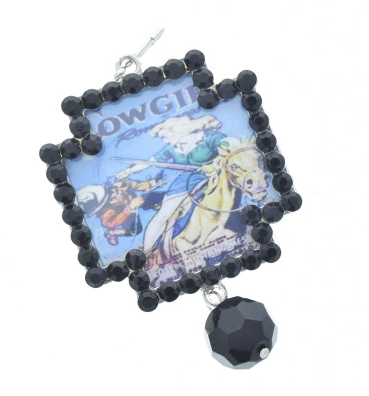 Vintage Ride 'em Cowgirl Art Pendant, onyx crystal on Silver frame, 48mm, Pack of 3