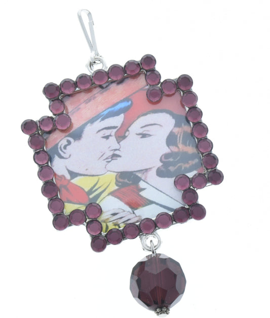 Vintage Kissing Cowgirl Art Crystal pendant deep red, Pendant frame, 48mm, Pack of 3