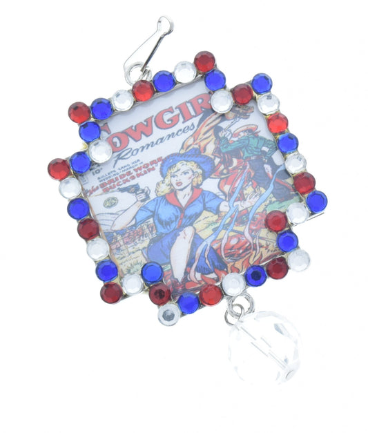 Vintage Campfire Cowgirl Art Crystal pendant, Multi, red, white, blue, 48mm, frame, Pack of 3