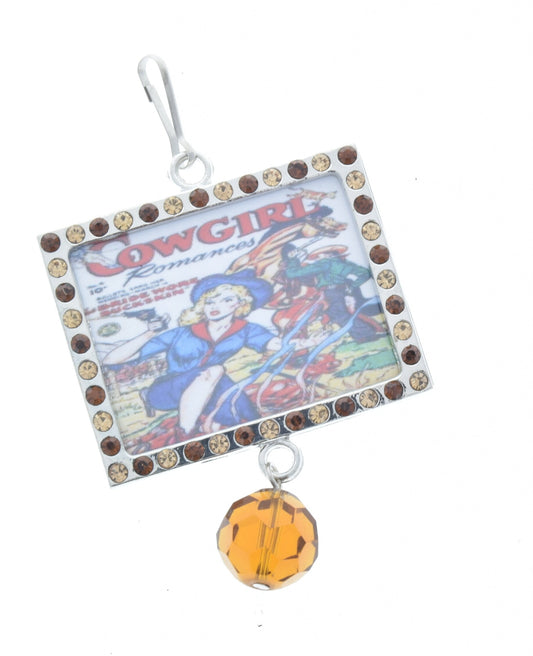 Vintage Campfire Cowgirl Art Crystal pendant, Multi, Add your own art, 46mm x 37mm, Pack of 3
