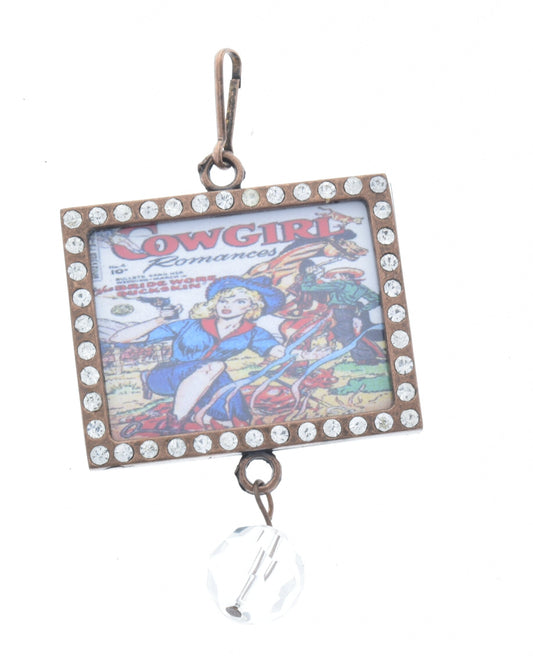 Vintage Campfire Cowgirl Art, Crystal pendant, Multi color, 46mm x 37mm, Pack of 3