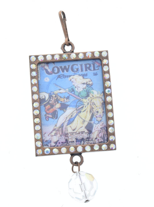 Vintage Ride 'em Cowgirl  Art Crystal pendant, Multi, Add your own art, 46mm x 37mm, Pack of 3