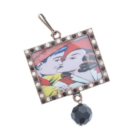 Vintage Kissing Cowgirl Art Onyx Crystal Frame Pendant, 46mm x 36mm copper rectangle, Pack of 3