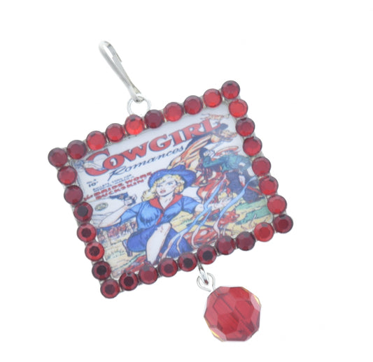 Vintage Campfire Cowgirl Art, Red Crystal Frame Pendant, 46mm x 36mm silver rectangle, Pack of 3