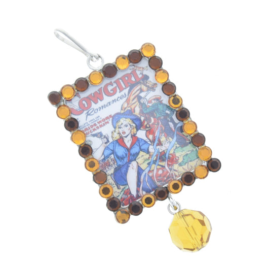 Vintage Campfire Cowgirl Art Amber Topaz Crystal Frame Pendant, 46mm x 36mm silver rectangle, Pack of 3