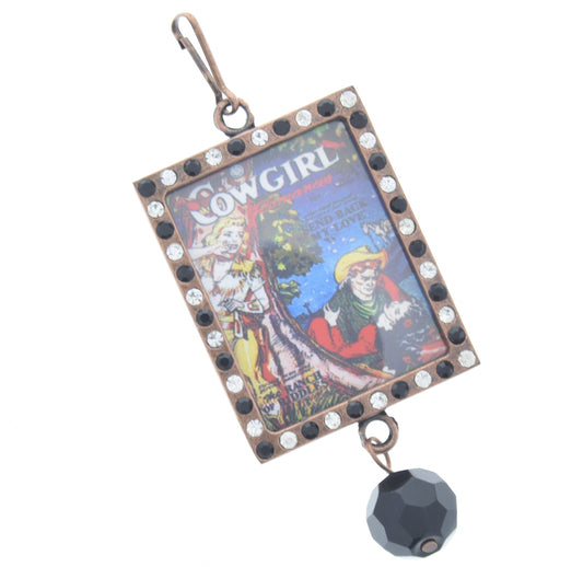 Vintage Cowgirl Art, Onyx Black Crystal Frame Pendant, 46mm x 36mm copper rectangle, Pack of 3