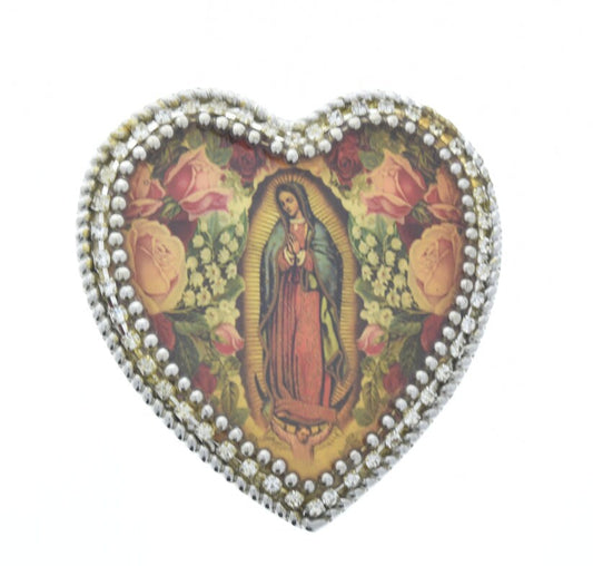 The Virgin de Guadalupe Belt Concho, Interchangeable Sturdy Slip Clip, 3.14" wide, heart shape with Swarovski crystal trim, each