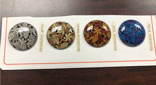 Vintage 1960s Litho Printed Cabochons, 34mm, Flower Blue Brown Gray Red, SET of 4 PIECES, acrylic flat back, 1 Set of 4 Cabochons