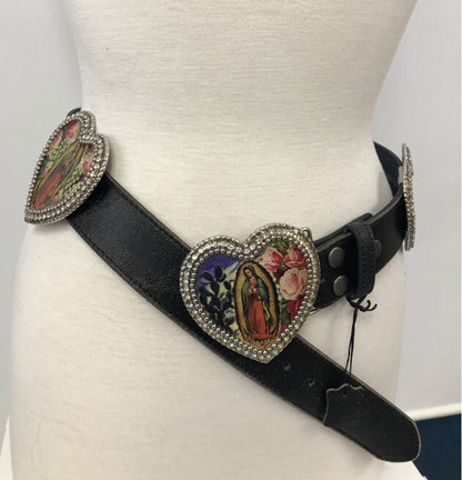 Frida Concho Icon Leather Belt, vintage images on 5 heart conchos with crystal, Hand Made in USA