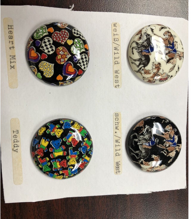 Vintage 1960s Litho Printed Cabochons, 34mm, Western Cowboy, Horse, Heart, Teddy Bear Litho Print, acrylic flat back, 1 Set of 4 Cabochons